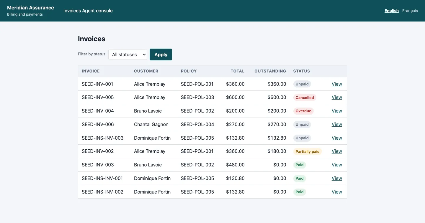 The invoice console of the billing application: a table of nine invoices with customer, policy, total, outstanding balance and a status of unpaid, cancelled, overdue, partially paid or paid.